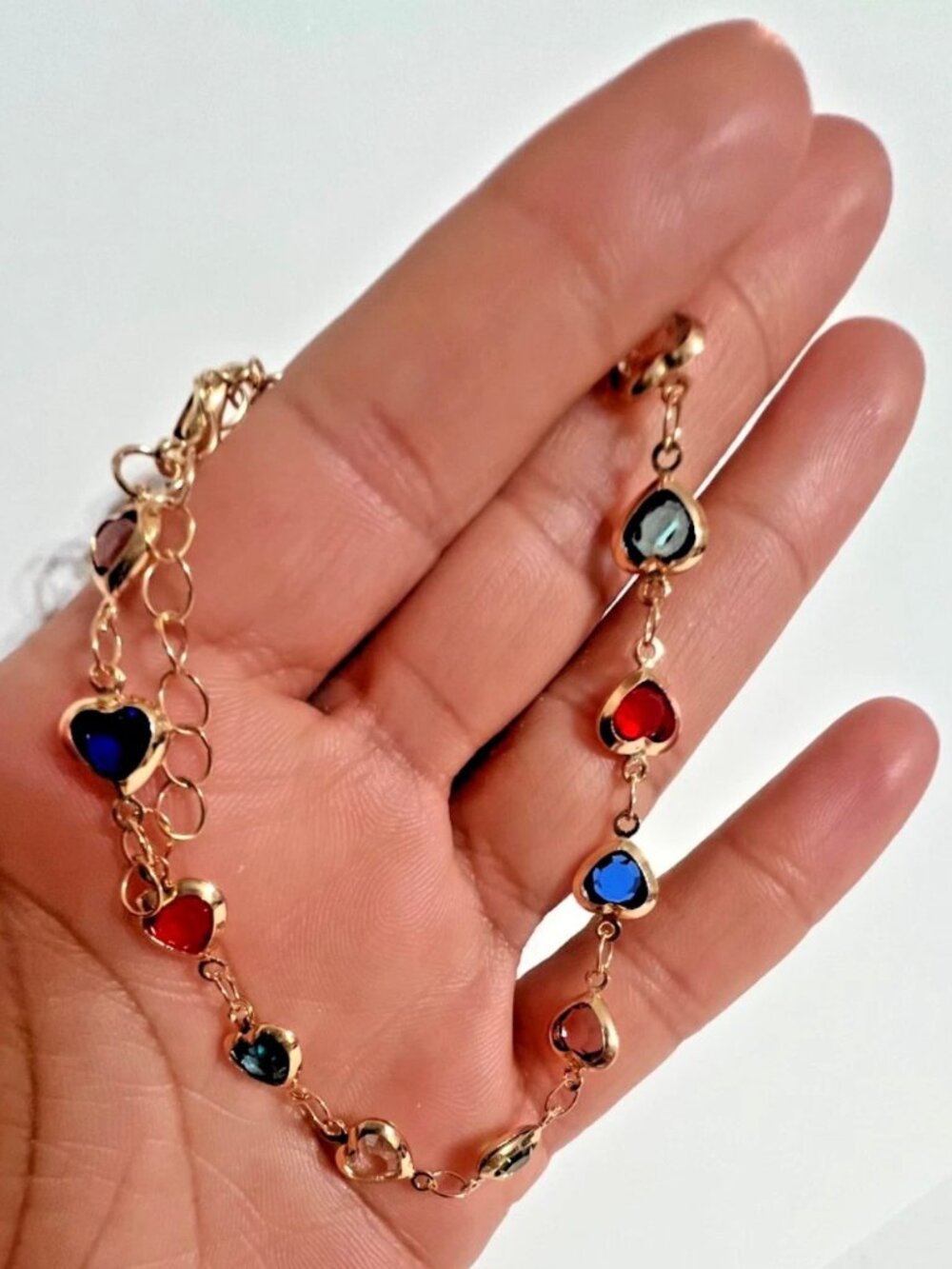 Gold Heart Charm Bracelet Rainbow Crystal Heart Valentine Gift for Her Free Ship